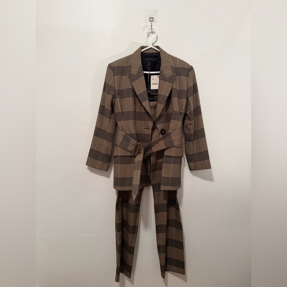 Zara Brown Tan Suit Classic Tailored Plaid